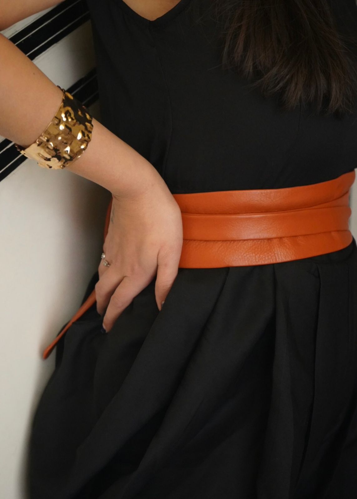 black dress with orange belt NARI BLACK/ORANGE GOWN